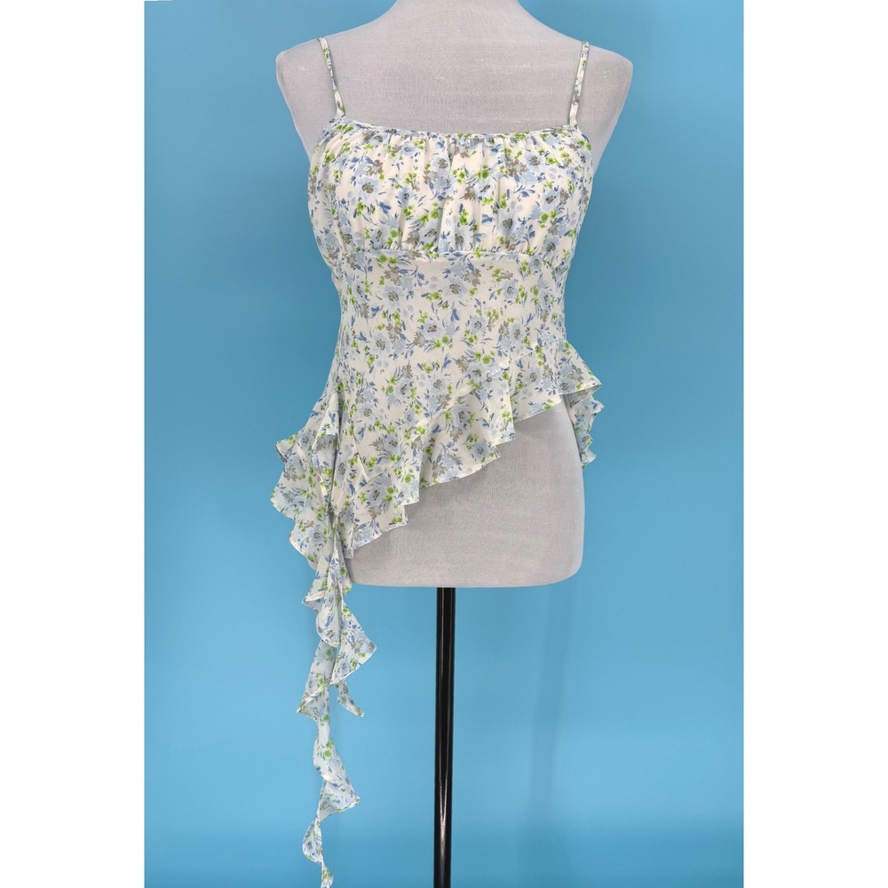 Forever 21 Womens Blue Floral Asymmetrical Ruffle Camisole Babydoll Top Small